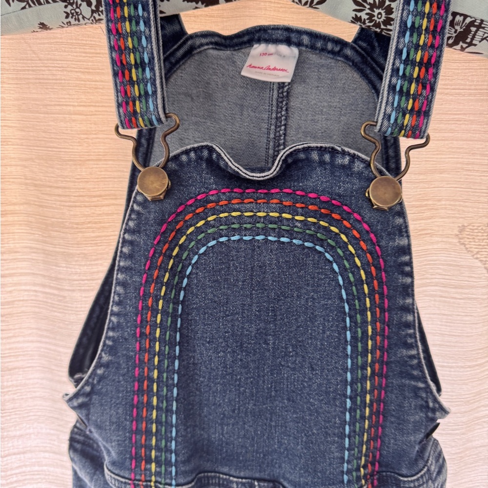 Hannah Anderson Jean Overalls with Rainbow Stitching. Good used condition. Size8
